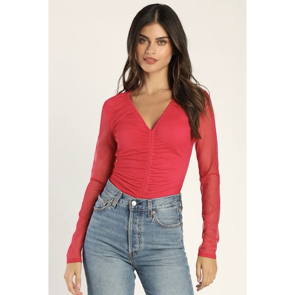 Lulus Winning Vibes Hot Pink Mesh Ruched Long Sleeve Bodysuit Size Large Sexy